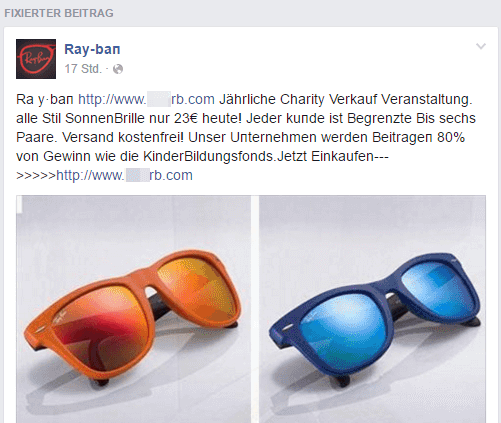 Wiederholte Werbung für eine dubiose Ray-Ban Shop-URL Screenshot von Werbungen für Sonnenprillen-Shops bei Facebook-Veranstaltungen