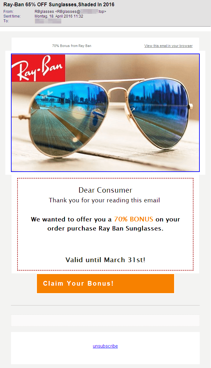 Betreff: Ray-Ban 65% OFF Sunglasses, Shaded in 2016 Screenshot einer E-Mail mit Sonnenbrillen-Spam