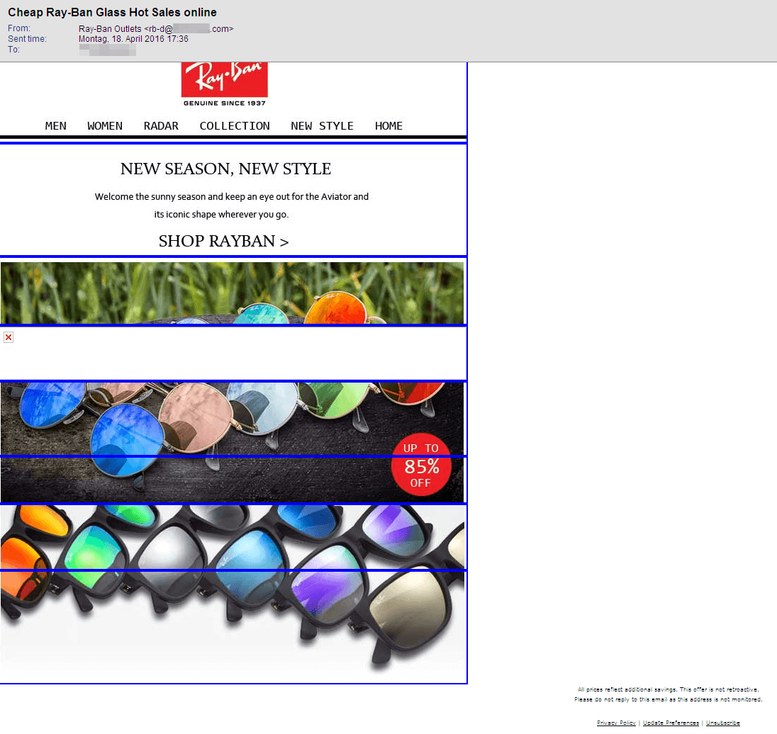 Betreff: Cheap Ray-Ban Glass Hot Sales online Screenshot einer E-Mail mit Sonnenbrillen-Spam