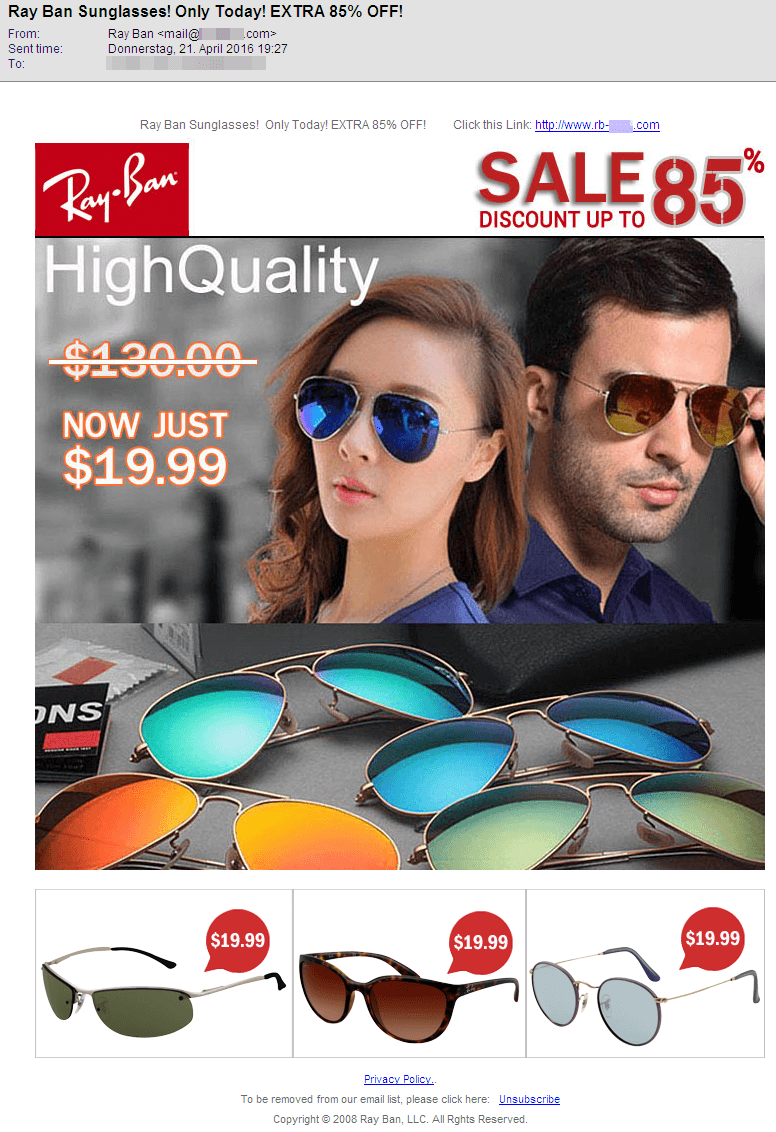 Betreff: Ray Ban Sunglasses! Only Today! EXTRA 85% OFF! Screenshot einer E-Mail mit Sonnenbrillen-Spam