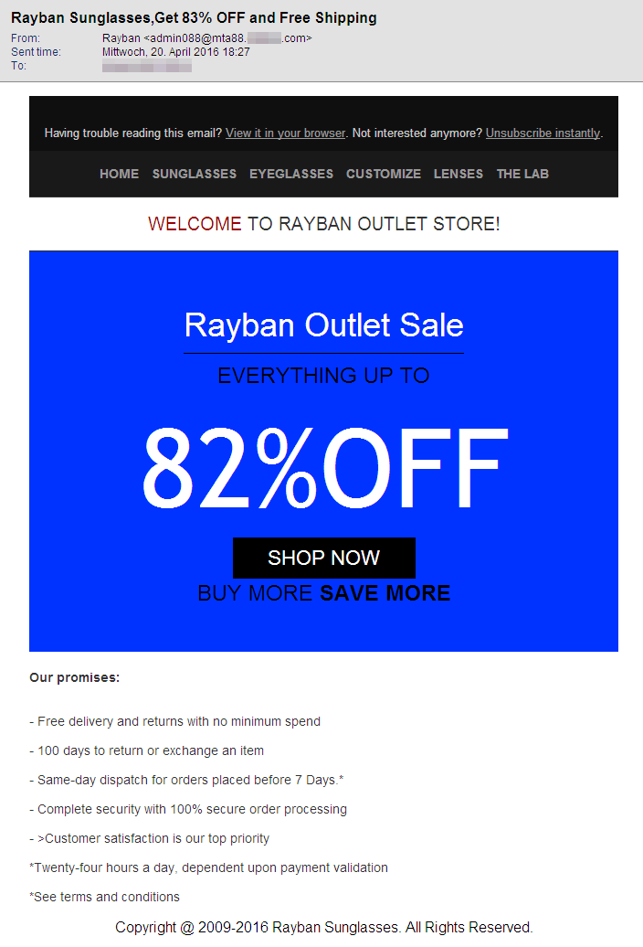 Betreff: Rayban Sunglasses,Get 83% OFF and Free Shipping Screenshot einer E-Mail mit Sonnenbrillen-Spam