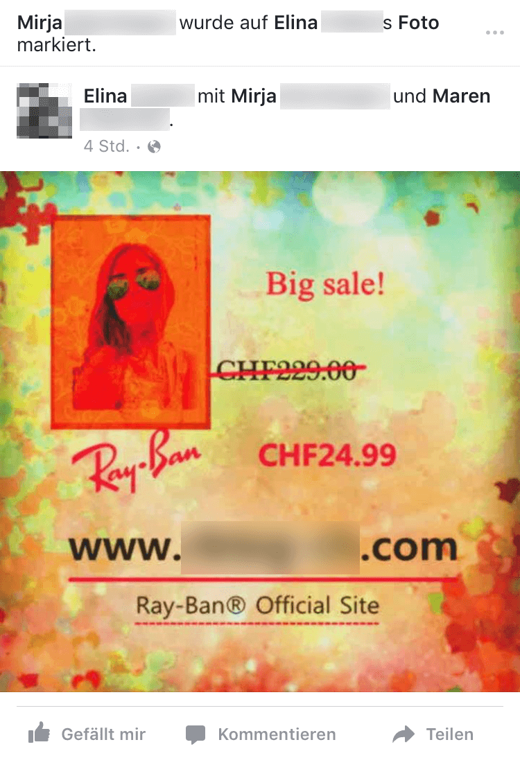 Auch diese Ray-Ban Werbung verbreitet sich durch Foto-Markierungen Screenshot einer weiteren Foto-Markierung, die als Werbeträger genutzt wird