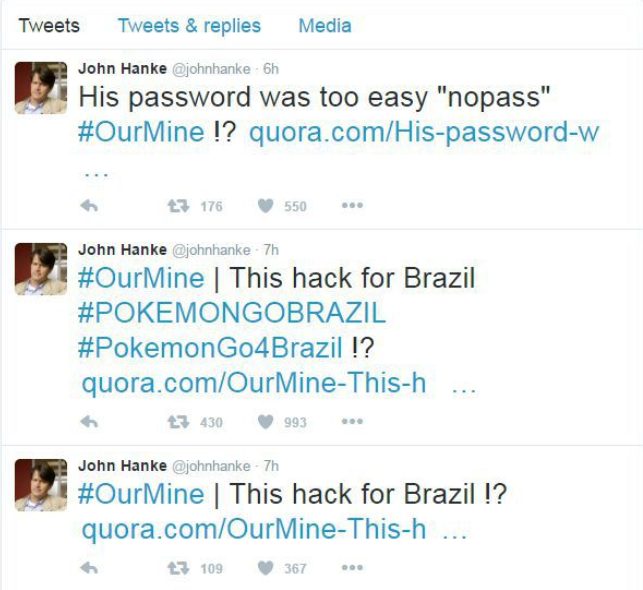 Der Twitter-Account von John Hanke zeigt Posts der selben Gruppe, die auch Zuckerbergs Account knackte. Quelle: CNET