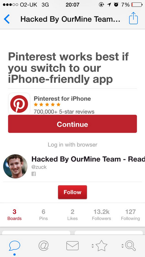 Screenshot des gehackten Pinterest Accounts von Marc Zuckerberg. Quelle: Dailymail.co.uk