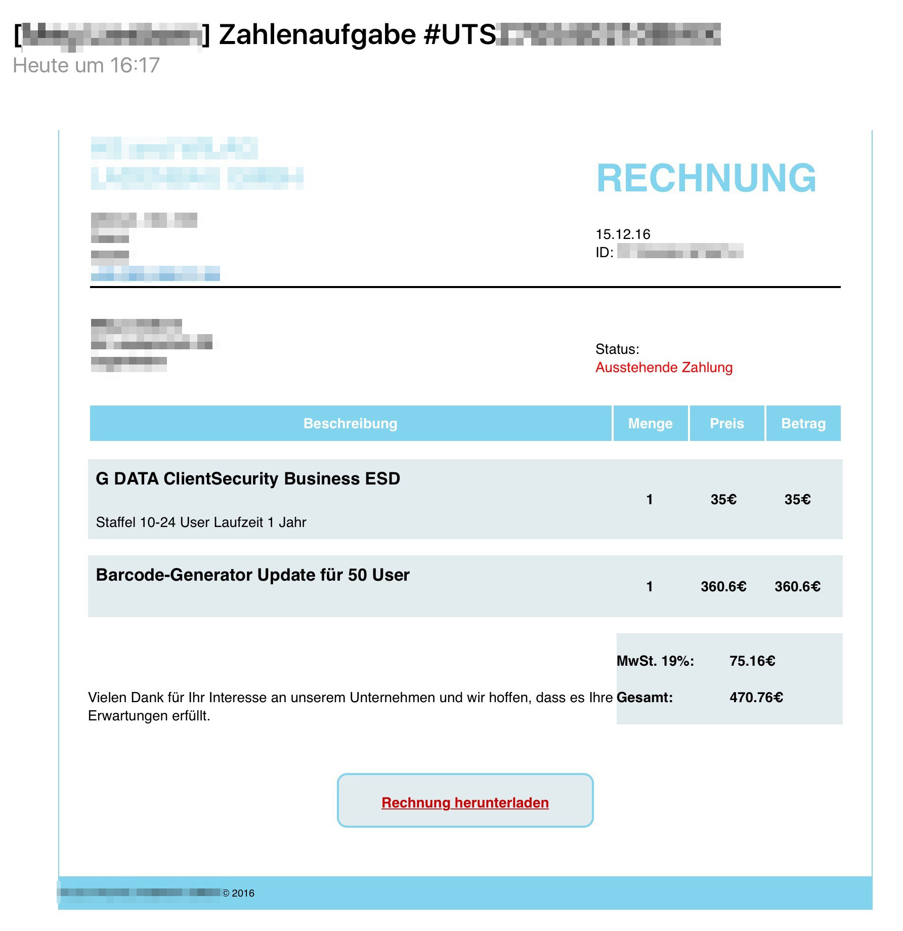 Gefälschte Rechnung für G DATA - Produkte