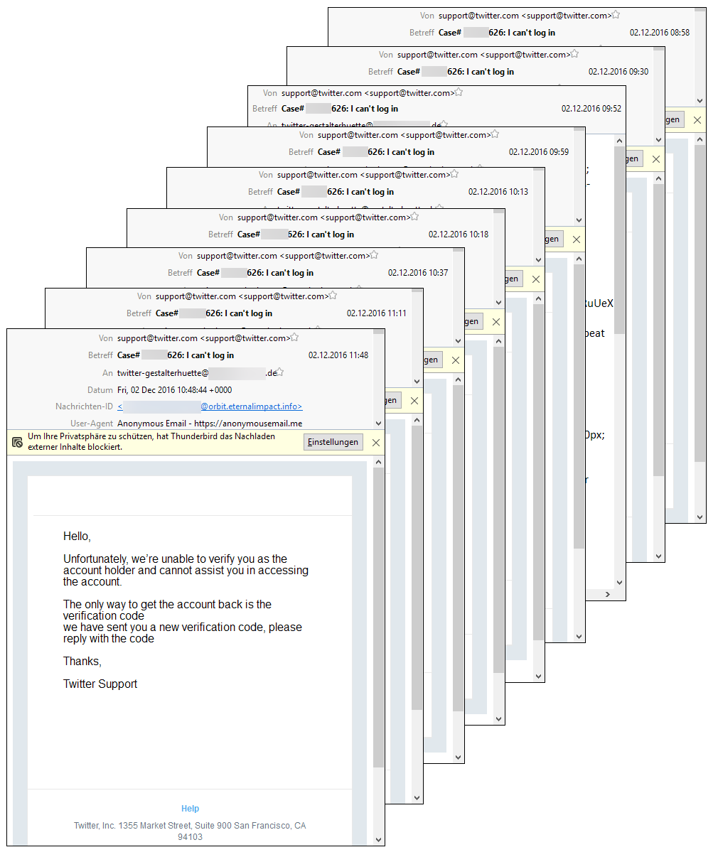Screenshots von E-Mails, die OurMine sendete, um den Verifikationscode einer Zwei-Faktor-Authentifizierung zu erlangen.