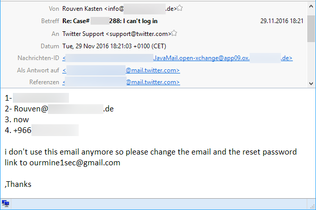 Screenshot einer E-Mail mit Informationen, die OurMine in Rouvens Namen an den Twitter-Support sendet.