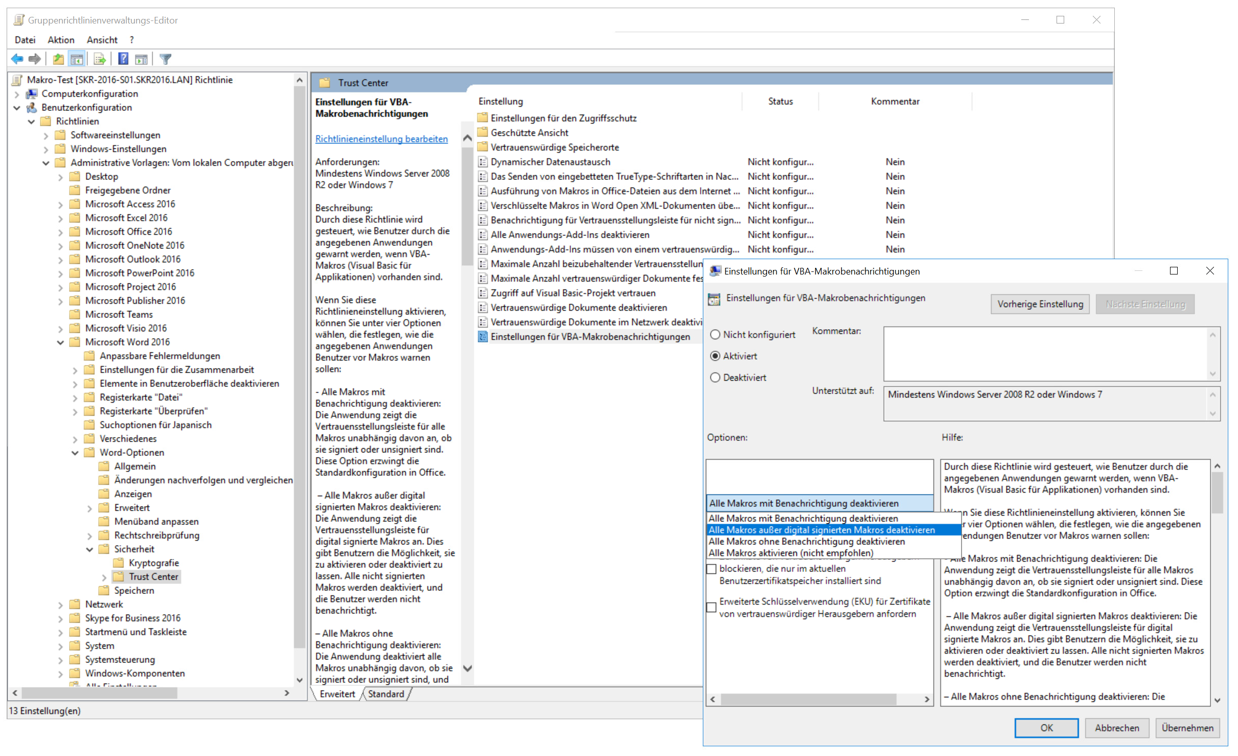 Der Gruppenrichtlinienverwaltungs-Editor ist geöffnet und zeigt die Sicherheitsrichtlinie „VBA für Office-Anwendungen deaktivieren“. Rechts ist ein Fenster mit den Optionen „Nicht konfiguriert“, „Aktiviert“ und „Deaktiviert“ sowie einer Beschreibung, die erklärt, dass diese Einstellung die Nutzung von Visual Basic for Applications (VBA) in Office-Anwendungen verhindert.