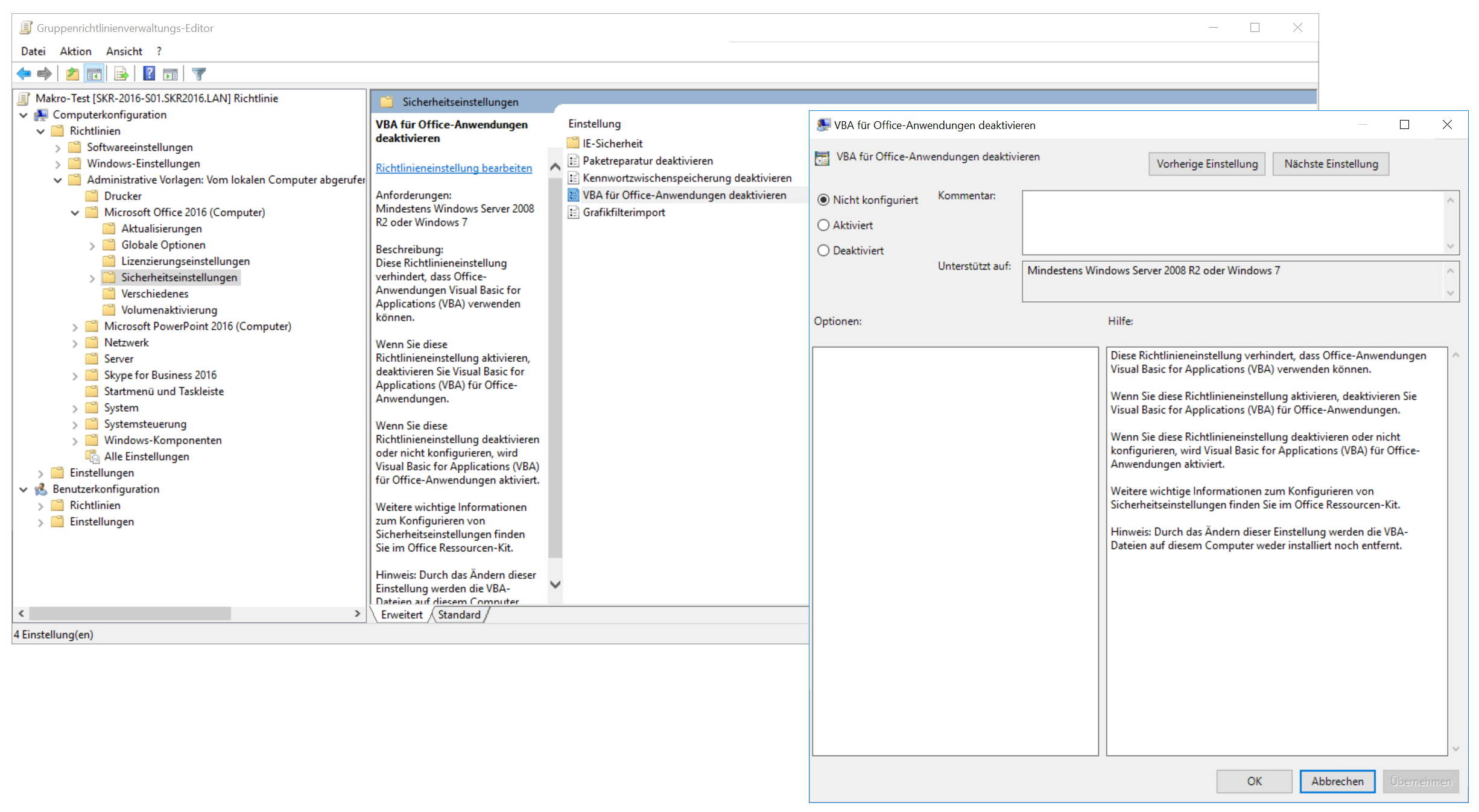 Der Gruppenrichtlinienverwaltungs-Editor zeigt die Einstellungen für VBA-Makrobenachrichtigungen in Microsoft Word 2016. Ein Fenster mit Auswahloptionen ist geöffnet, darunter „Alle Makros mit Benachrichtigung deaktivieren“, „Alle Makros außer digital signierten Makros deaktivieren“ und „Alle Makros ohne Benachrichtigung deaktivieren“.
