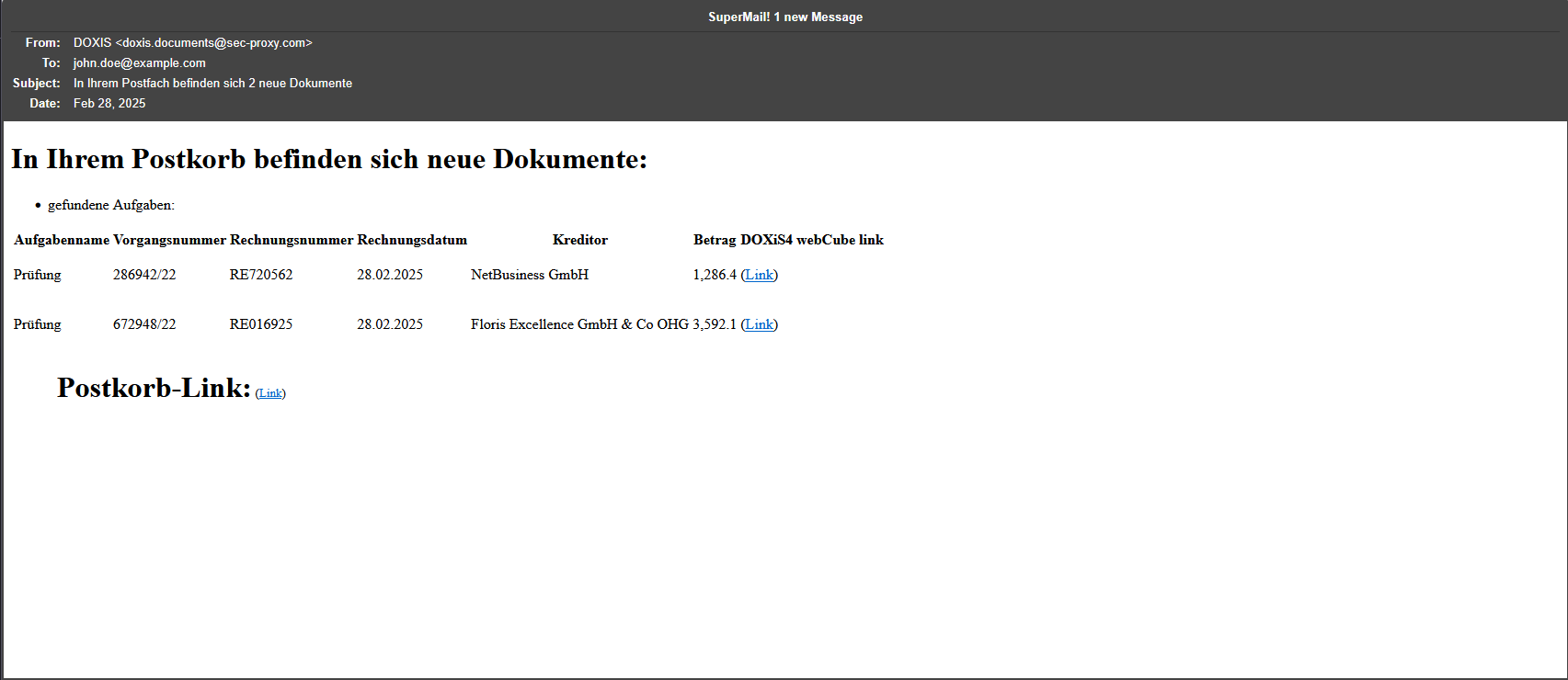 Die E-Mail gibt vor, neue Rechnungsdokumente in einem digitalen Postkorb bereitzustellen, mit mehreren Links zu angeblichen Rechnungsdetails. Die unklare Absenderadresse und die generische Aufmachung deuten auf eine Phishing-Mail hin, die versucht, den Empfänger zur Eingabe von Anmeldedaten oder zum Öffnen schädlicher Links zu verleiten.