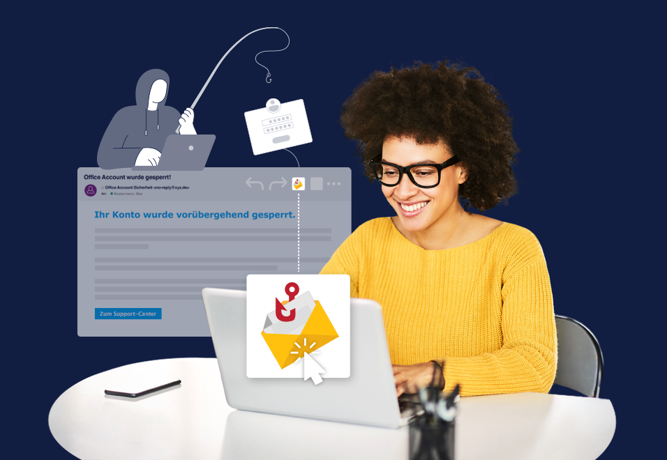 Eine Frau mit lockigem Haar und gelbem Pullover arbeitet lächelnd an einem Laptop, während hinter ihr eine Illustration einen Phishing-Angriff zeigt. In der Grafik ist eine gefälschte E-Mail mit dem Text „Ihr Konto wurde vorübergehend gesperrt“ zu sehen, zusammen mit Symbolen für Datenklau und Betrug.