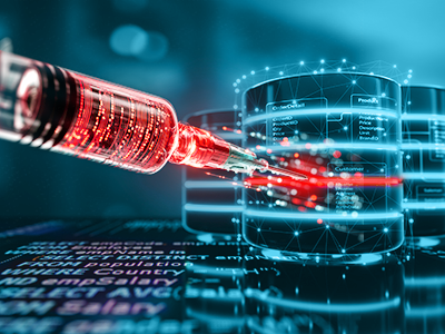 Eine Spritze als Symbol injiziert bösartigen Code.