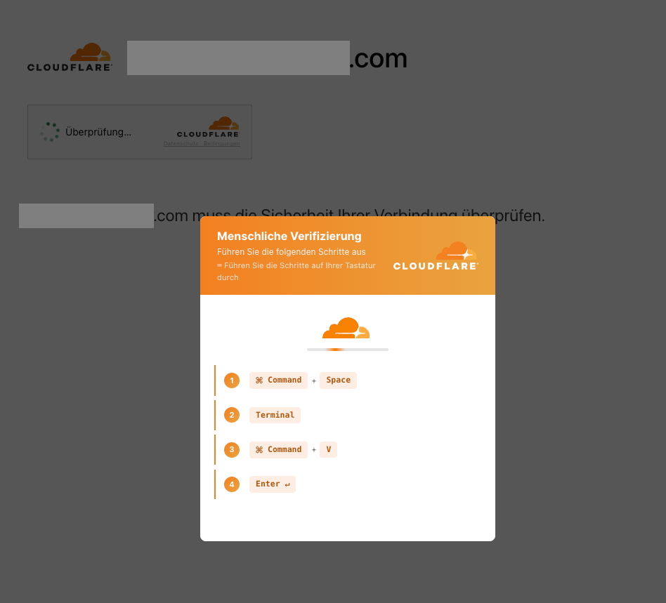 Gefälschte Cloudflare-Sicherheitsüberprüfung mit Ladeanimation und dem Hinweis „.com muss die Sicherheit Ihrer Verbindung überprüfen"; darunter ein Dialogfenster „Menschliche Verifizierung" mit der Anweisung, per Tastenkombination Befehl+Leertaste das Terminal zu öffnen, mit Befehl+V Inhalte einzufügen und mit Enter zu bestätigen. Die Aufmachung im Cloudflare-Design imitiert eine reguläre Bot-Prüfung, verleitet Nutzer jedoch dazu, unbekannten Code im Terminal auszuführen – ein typisches Muster sogenannter „ClickFix"-Betrugsseiten.